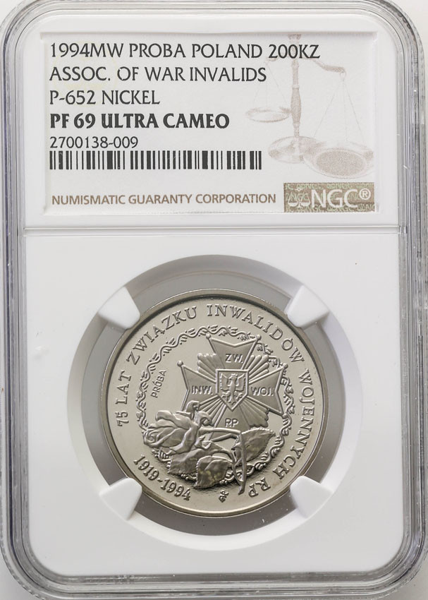 III RP. PRÓBA Nikiel 200000 złotych 1994 Inwalidzi NGC PF69 ULTRA CAMEO